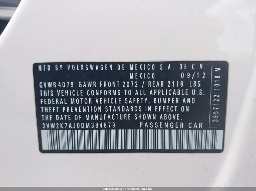 2013 Volkswagen Jetta 2.0L S 3VW2K7AJ0DM384879 — фото 9