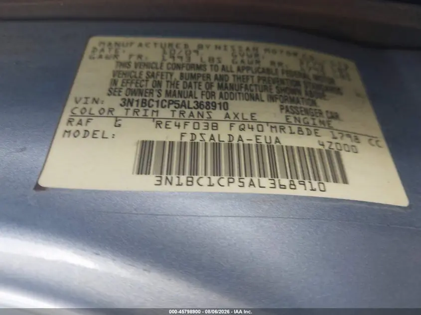 2010 Nissan Versa 1.8S 3N1BC1CP5AL368910 — фото 9
